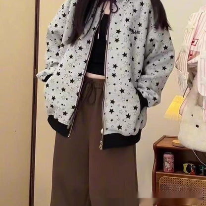 American-style Retro Streetwear Star-print Cardigan Hoodie