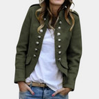 Women's Military-Inspired Double-Breasted Jacket with Decorative Button Details