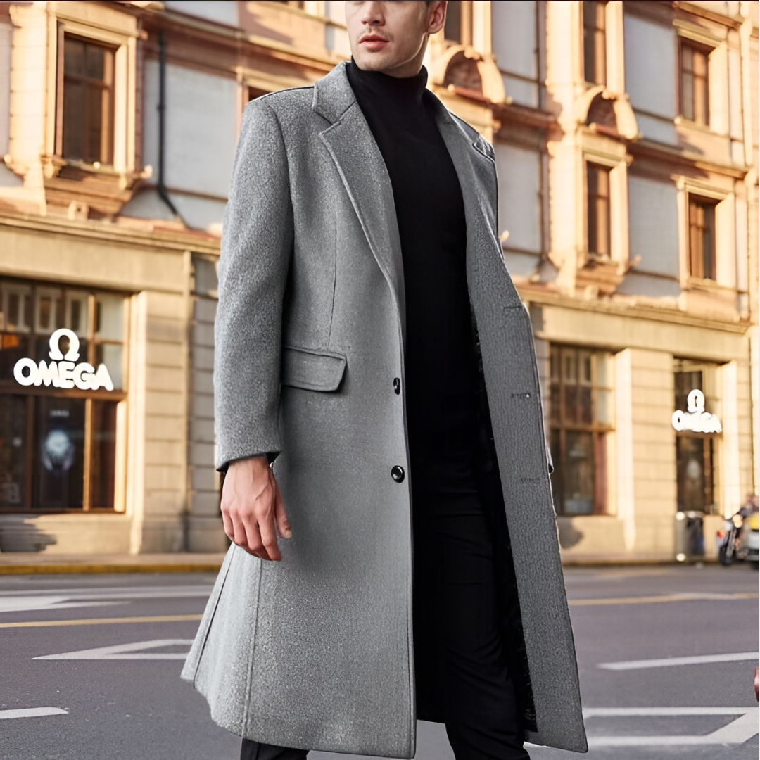Men's Long Single-Breasted Notched Lapel Overcoat for Business and Formal Wear