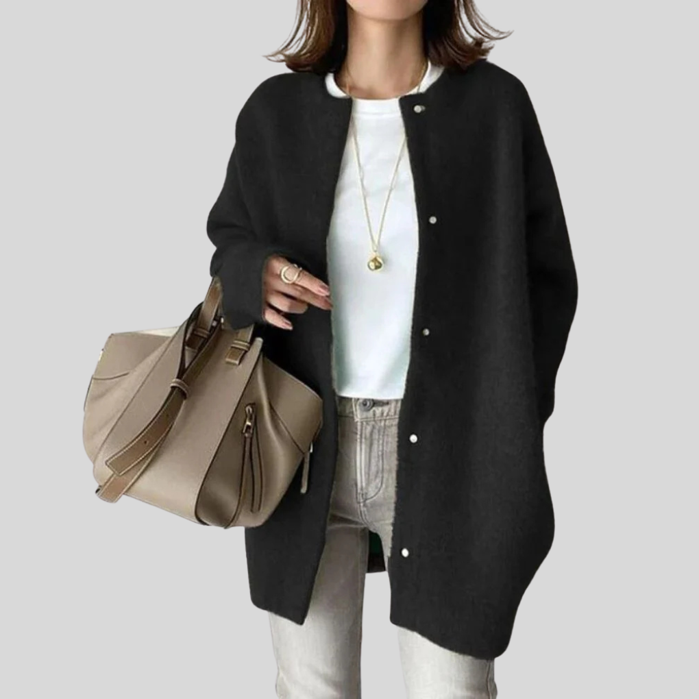 Oversized Button-Front Cardigan with Ribbed Cuffs and Open Collarless Neckline