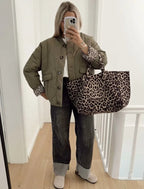 Quilted Women's Jacket with Stand Collar and Leopard Print Lining