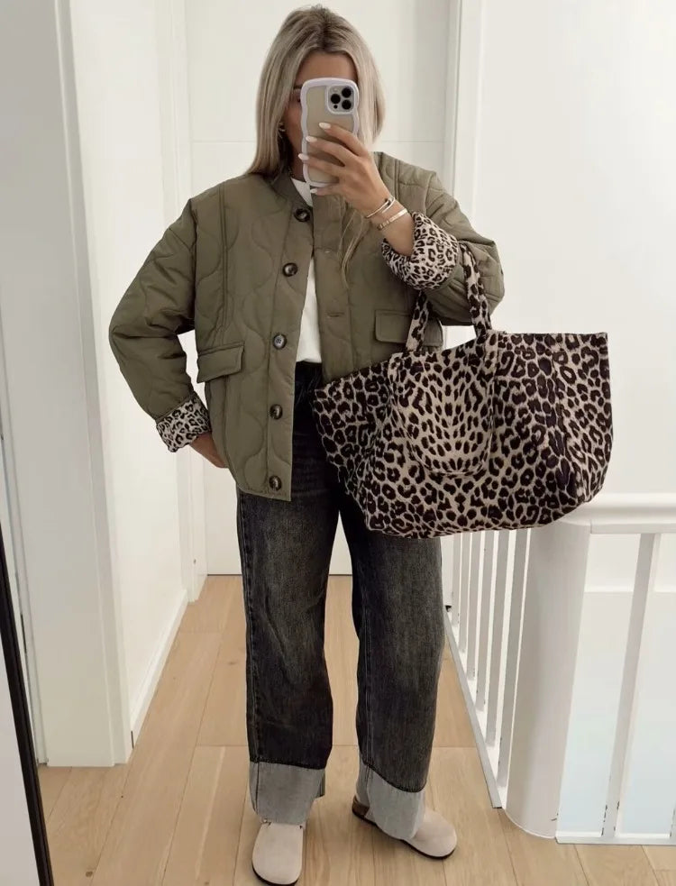 Quilted Women's Jacket with Stand Collar and Leopard Print Lining