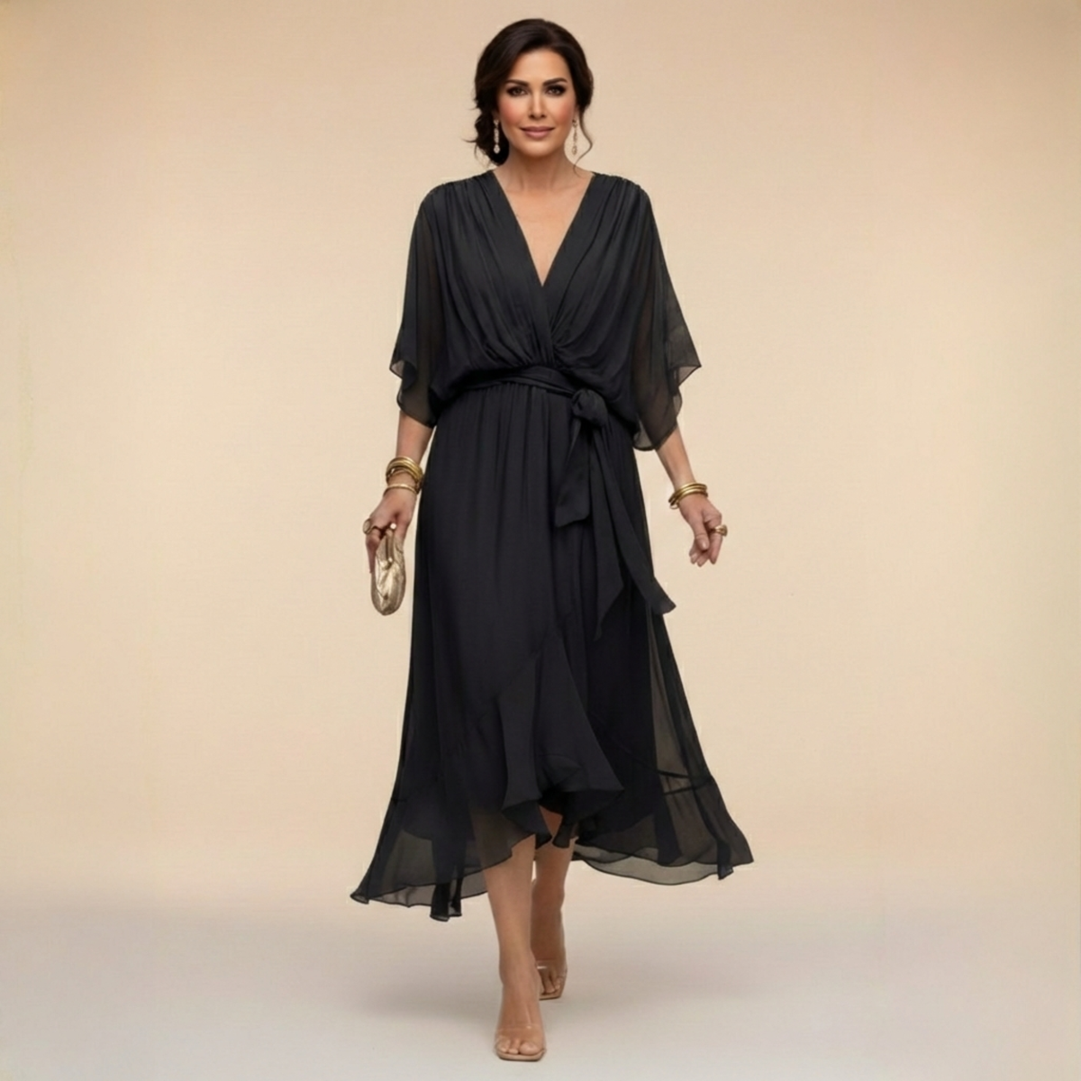 Women's Elegant V-Neck Flowy Sleeve Dress with Textured Layers