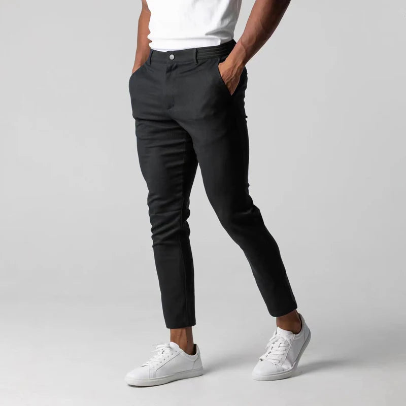 Tapered Full Length Men’s Trousers with Button Waist Closure and Side Pockets