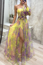 Elegant one-shoulder mesh summer dress