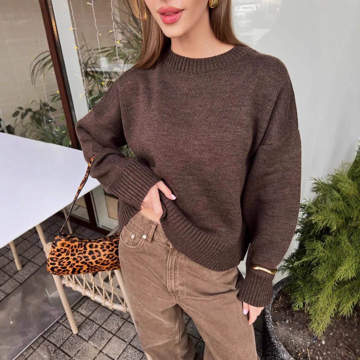 Relaxed Fit Ribbed Knit Crewneck Pullover Sweater