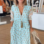 Women's bohemian V-Neck Puff  Sleeve Summer Dress