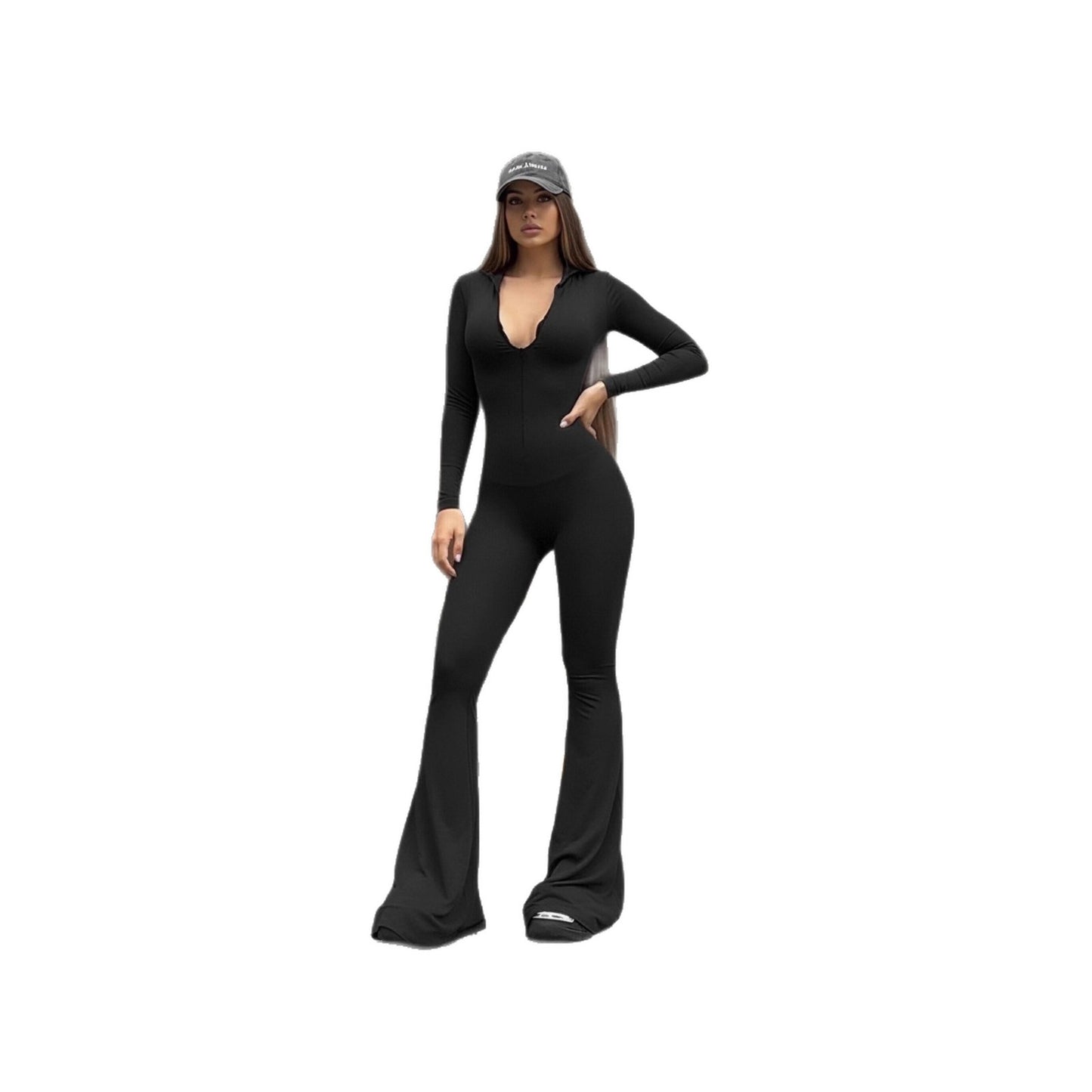 Long-sleeve Minimalist Solid-color Deep-V Jumpsuit