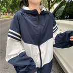 Contrast Color Hooded Sun Protection Clothing For Women Loose Thin Coat