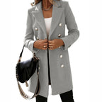 Women's Tailored Double-Breasted Long Coat with Classic Lapel Collar