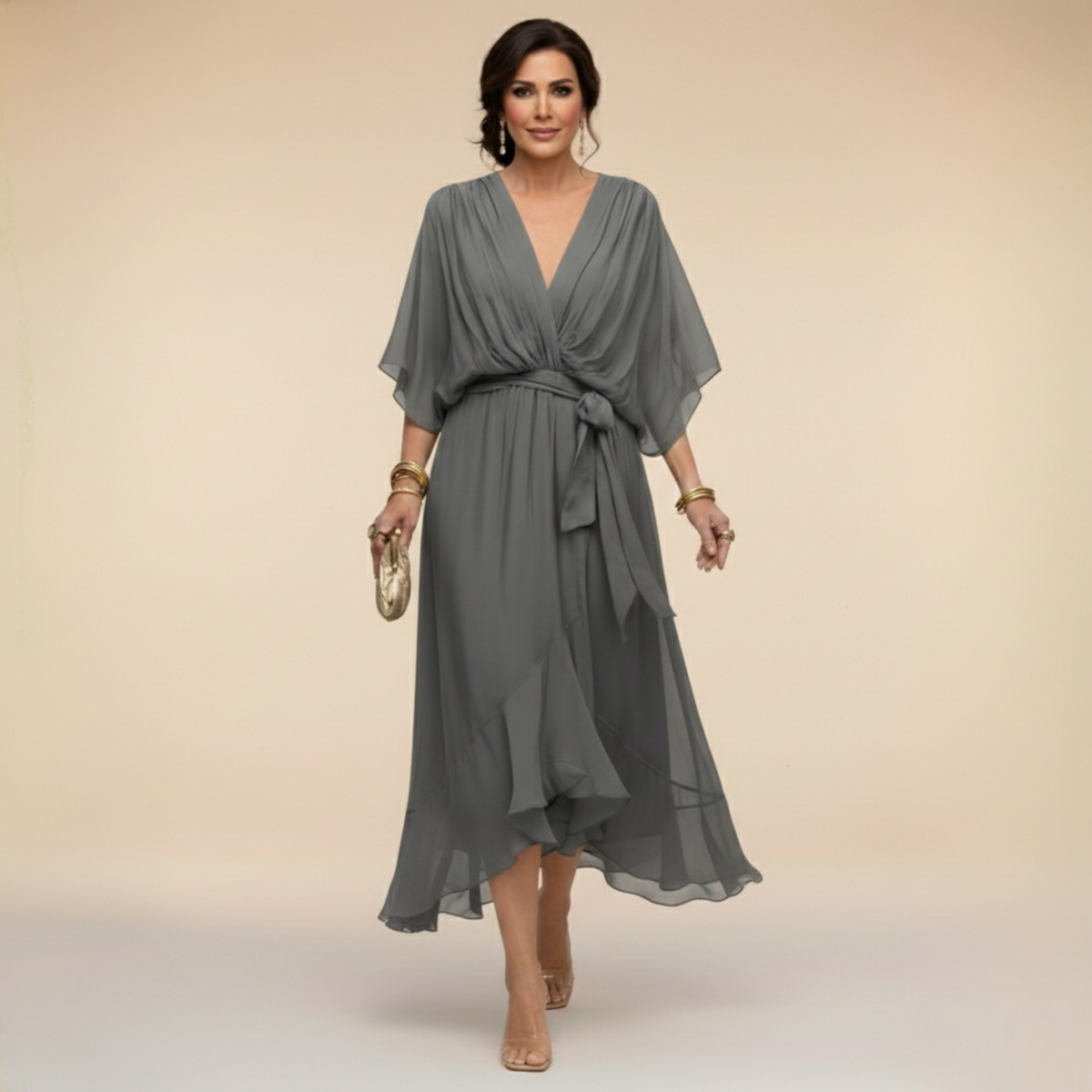 Women's Elegant V-Neck Flowy Sleeve Dress with Textured Layers