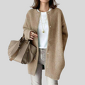 Oversized Button-Front Cardigan with Ribbed Cuffs and Open Collarless Neckline