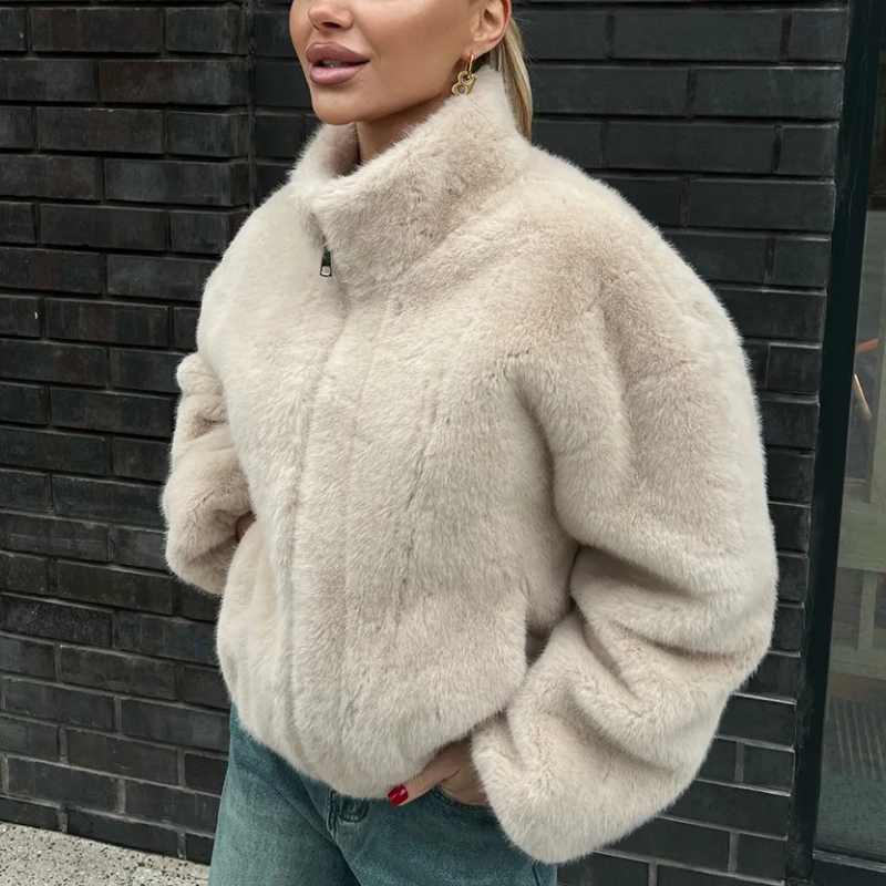 Cropped Plush Bomber Jacket for Women with High Collar and Full-Zip Closure