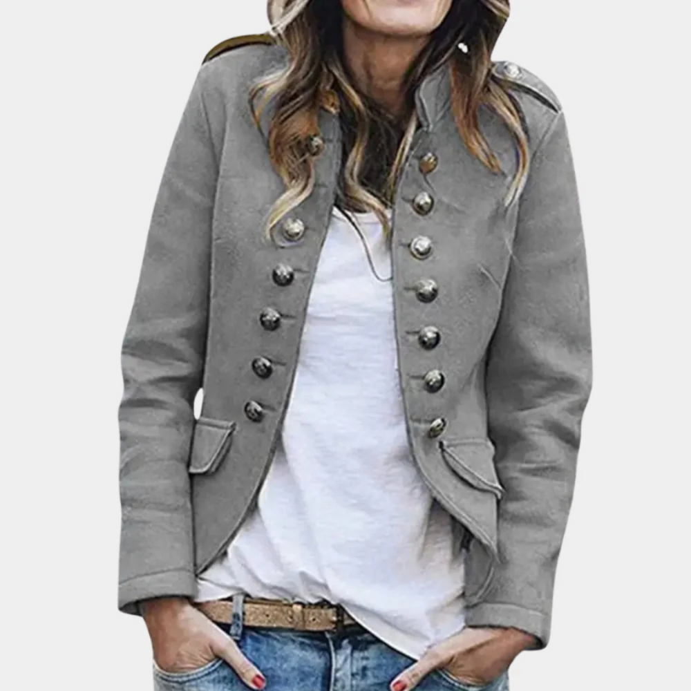 Women's Military-Inspired Double-Breasted Jacket with Decorative Buttons