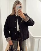 Quilted Women's Jacket with Stand Collar and Leopard Print Lining