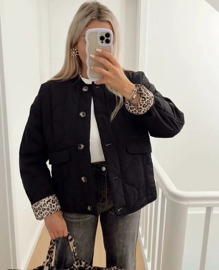 Quilted Women's Jacket with Stand Collar and Leopard Print Lining