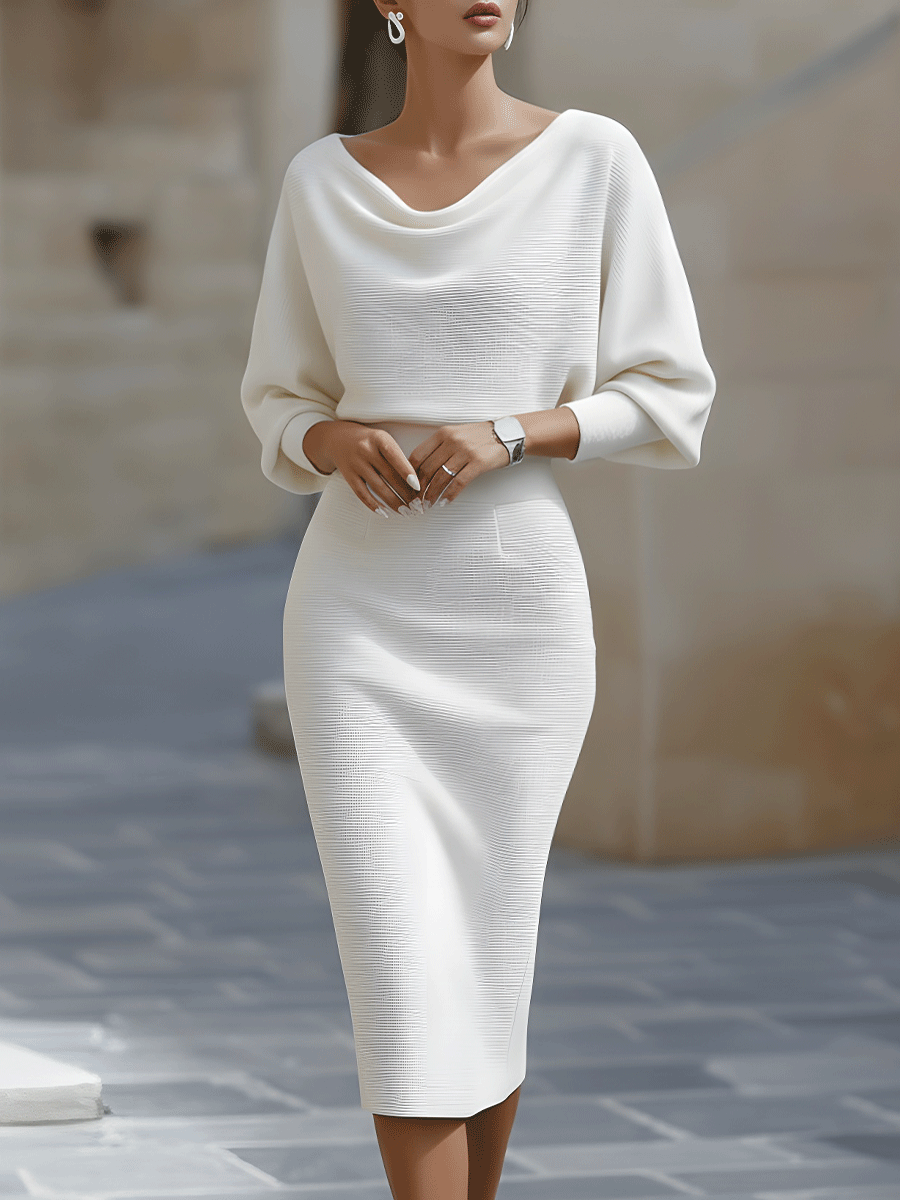 Women's Round Neck Midi Dress with Draped Silhouette