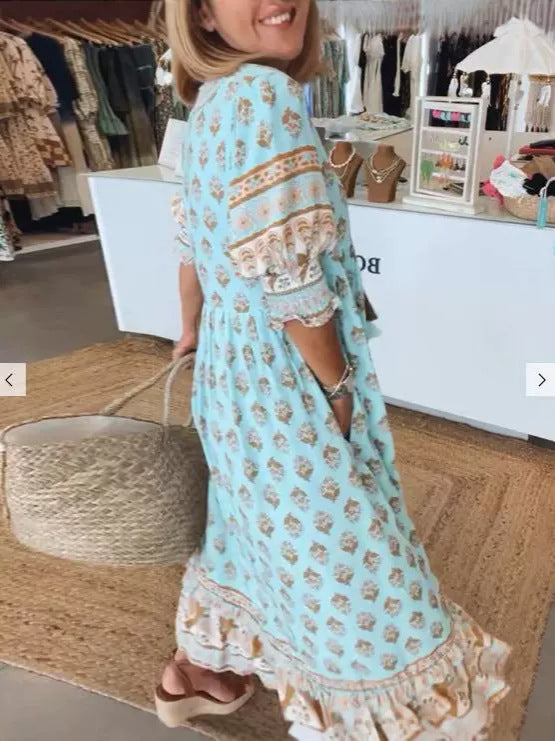 Women's bohemian V-Neck Puff  Sleeve Summer Dress