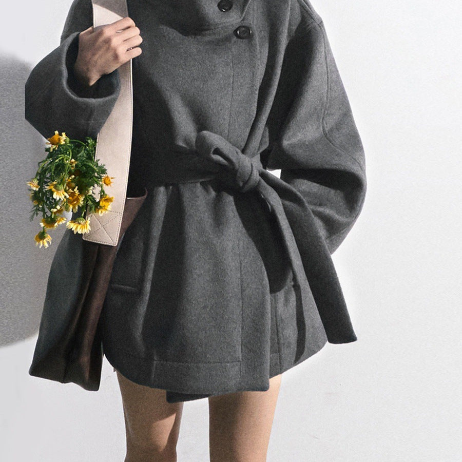Women’s Wool-Blend Stand Collar Waist-Defined Coat