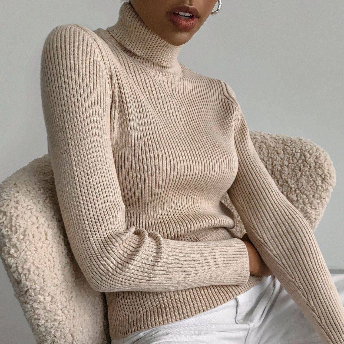 Women's Ribbed Turtleneck Knit Sweater - Slim Fit Long Sleeve Winter Pullover