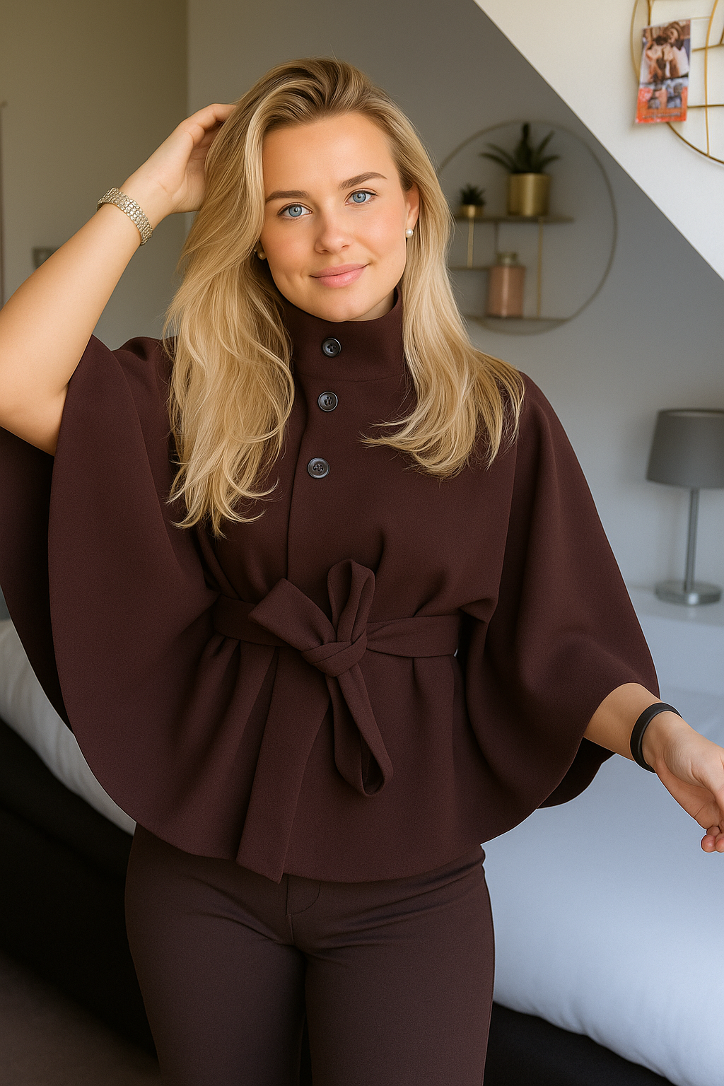 Elegant Women's Cape Coat with High Collar and Self-Tie Belt