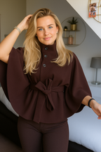 Elegant Women's Cape Coat with High Collar and Self-Tie Belt