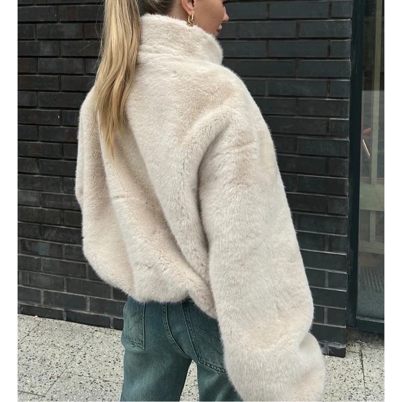 Cropped Plush Bomber Jacket for Women with High Collar and Full-Zip Closure