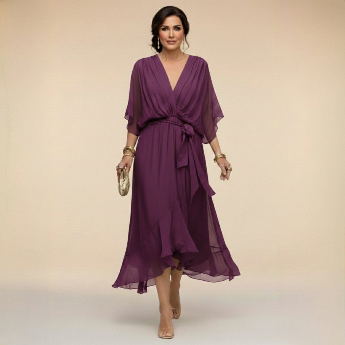Women's Elegant V-Neck Flowy Sleeve Dress with Textured Layers