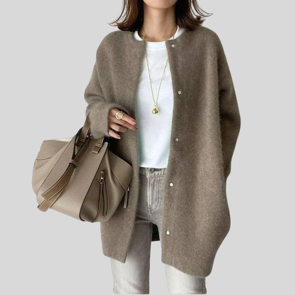 Oversized Button-Front Cardigan with Ribbed Cuffs and Open Collarless Design