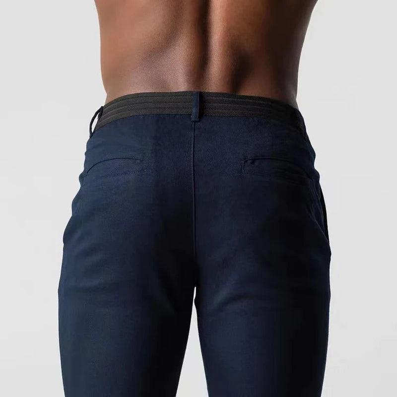 Tapered Full Length Men’s Trousers with Button Waist Closure and Side Pockets