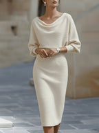 Women's Round Neck Midi Dress with Draped Silhouette