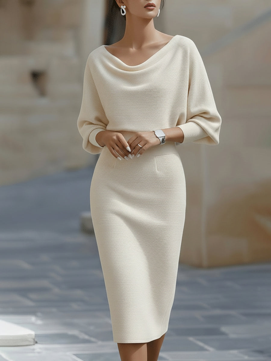 Women's Round Neck Midi Dress with Draped Silhouette
