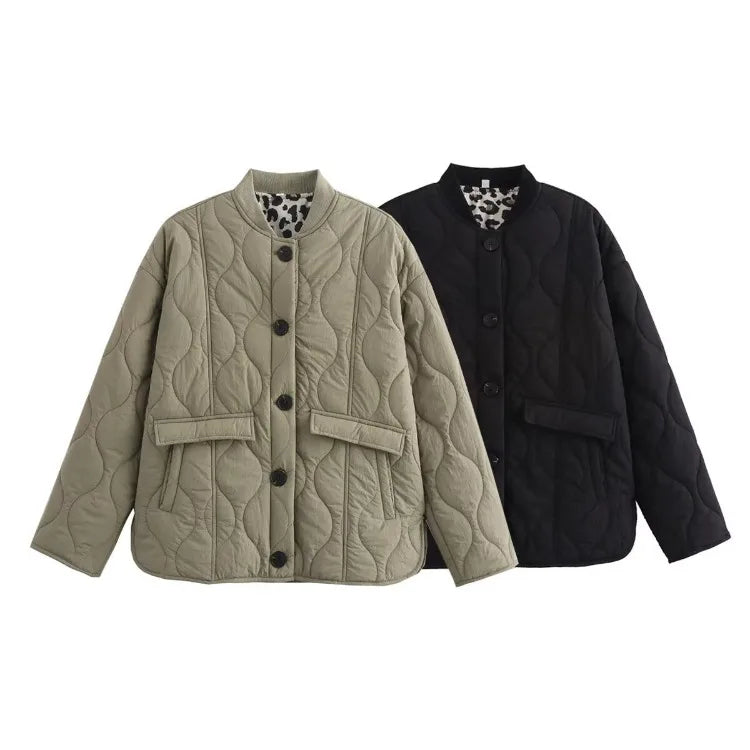Quilted Women's Jacket with Stand Collar and Leopard Print Lining