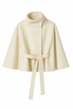 Elegant Women's Cape Coat with High Collar and Self-Tie Belt