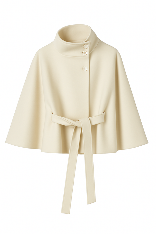 Elegant Women's Cape Coat with High Collar and Self-Tie Belt