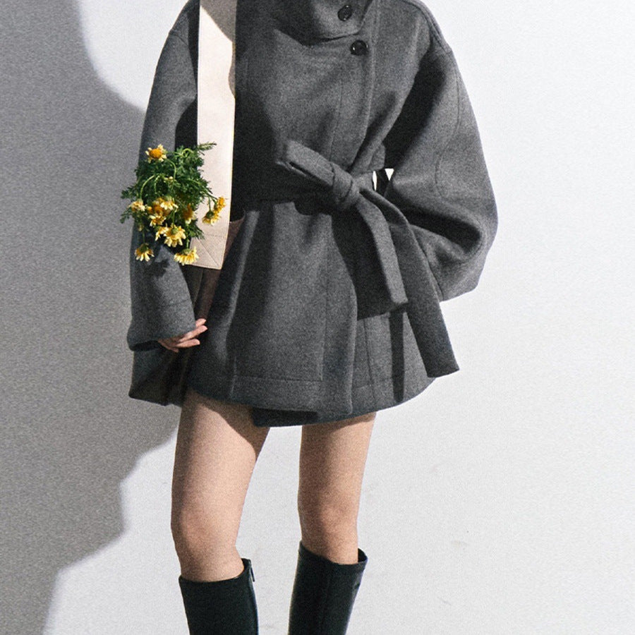 Women’s Wool-Blend Stand Collar Waist-Defined Coat