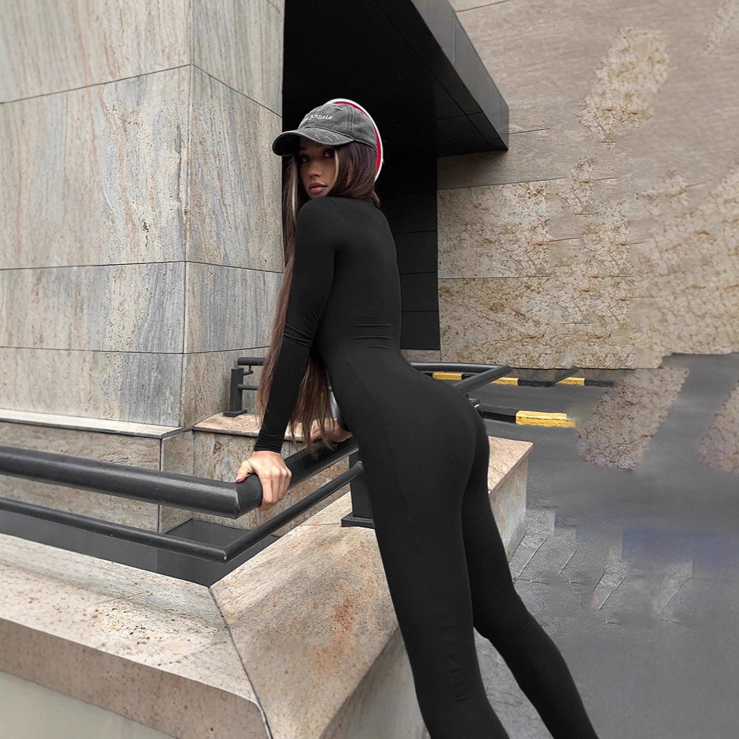 Long-sleeve Minimalist Solid-color Deep-V Jumpsuit