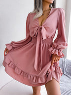 Solid Color V-Neck Lace-Up Dress