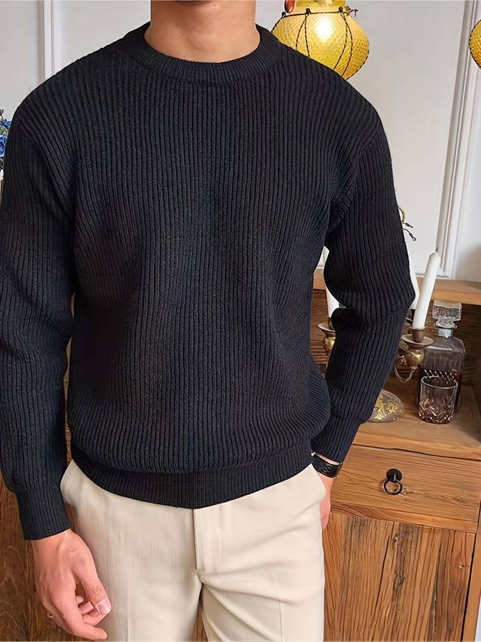 Men's Relaxed Fit Ribbed Crew Neck Long Sleeve Sweater