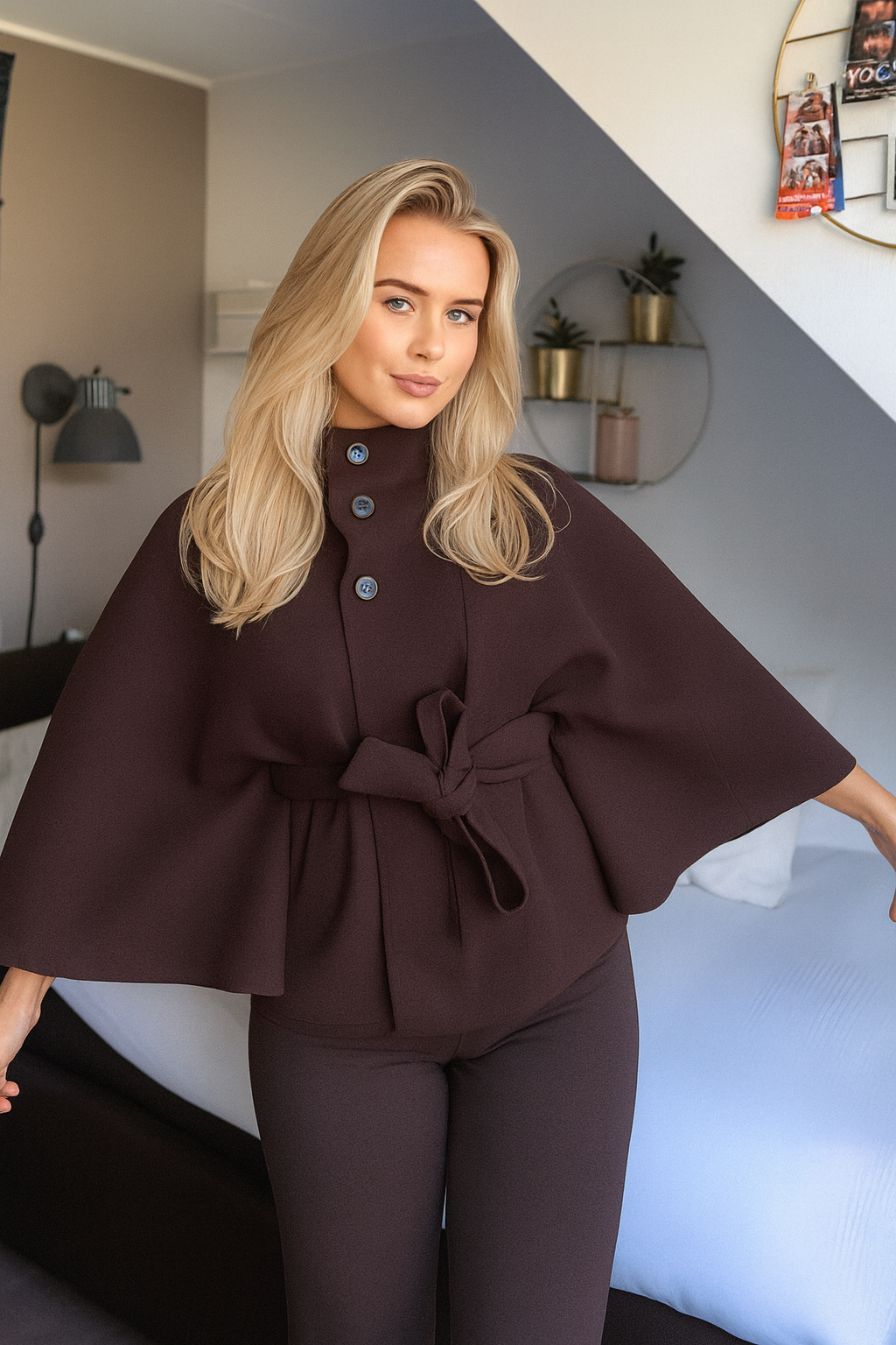 Elegant Women's Cape Coat with High Collar and Self-Tie Belt