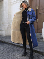 Manlish Women's Long Fleece Lined Denim Jacket  Loose Fit Cotton Outerwear