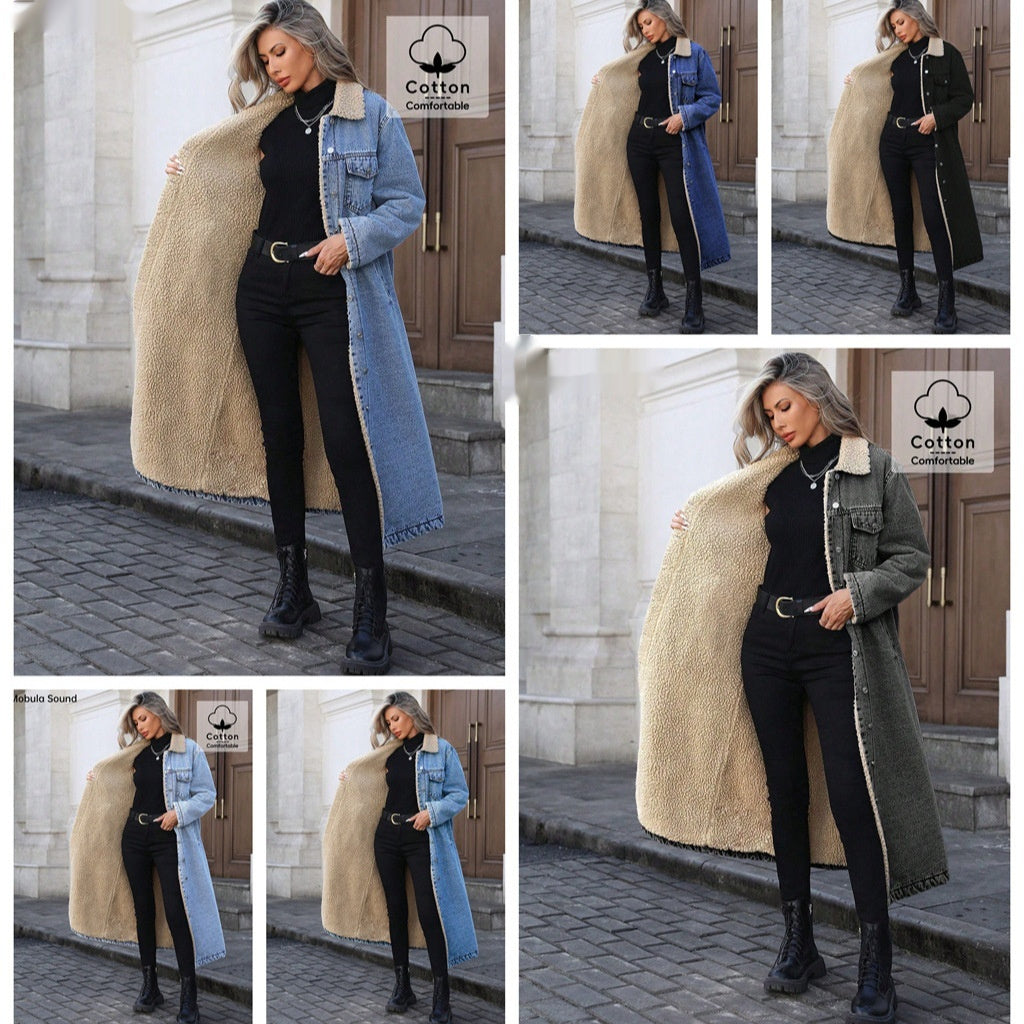 Manlish Women's Long Fleece Lined Denim Jacket  Loose Fit Cotton Outerwear