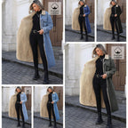 Manlish Women's Long Fleece Lined Denim Jacket  Loose Fit Cotton Outerwear