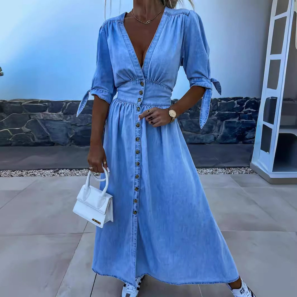 Elegant V-Neck Denim Dress for Women – Chic & Timeless Style