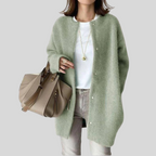 Oversized Button-Front Cardigan with Ribbed Cuffs and Open Collarless Neckline