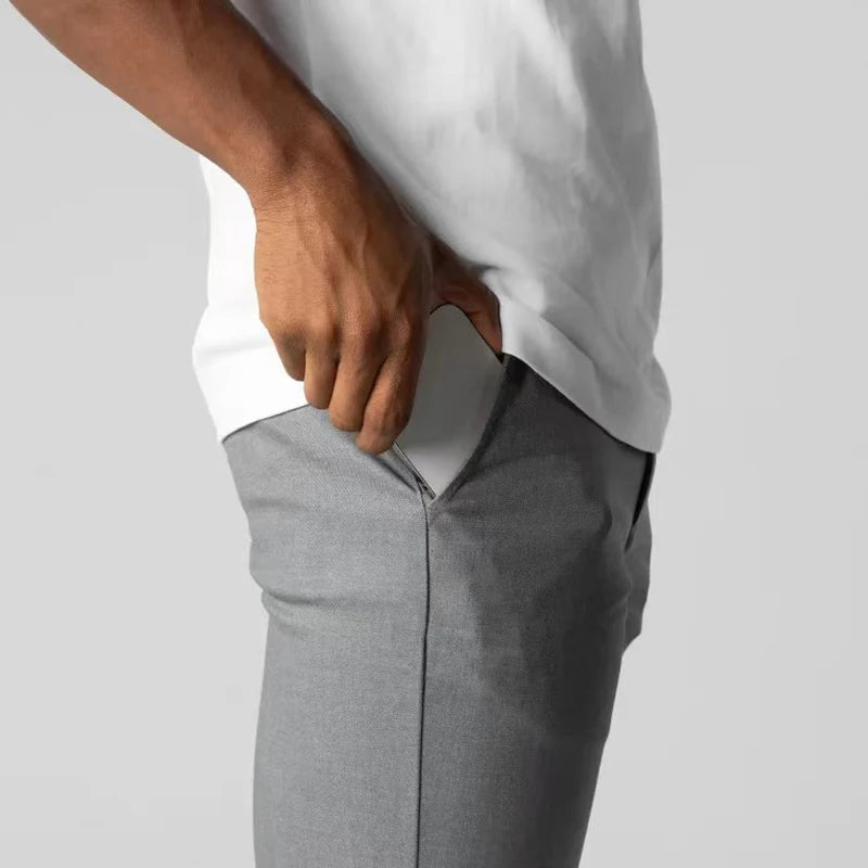 Tapered Full Length Men’s Trousers with Button Waist Closure and Side Pockets