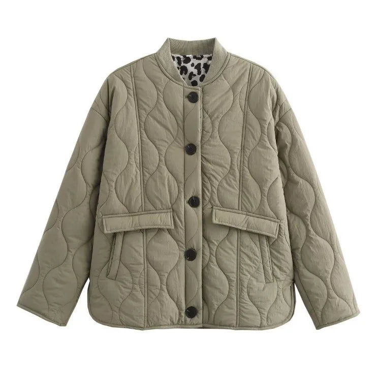 Quilted Women's Jacket with Stand Collar and Leopard Print Lining