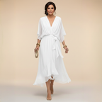 Women's Elegant V-Neck Flowy Sleeve Dress with Textured Layers
