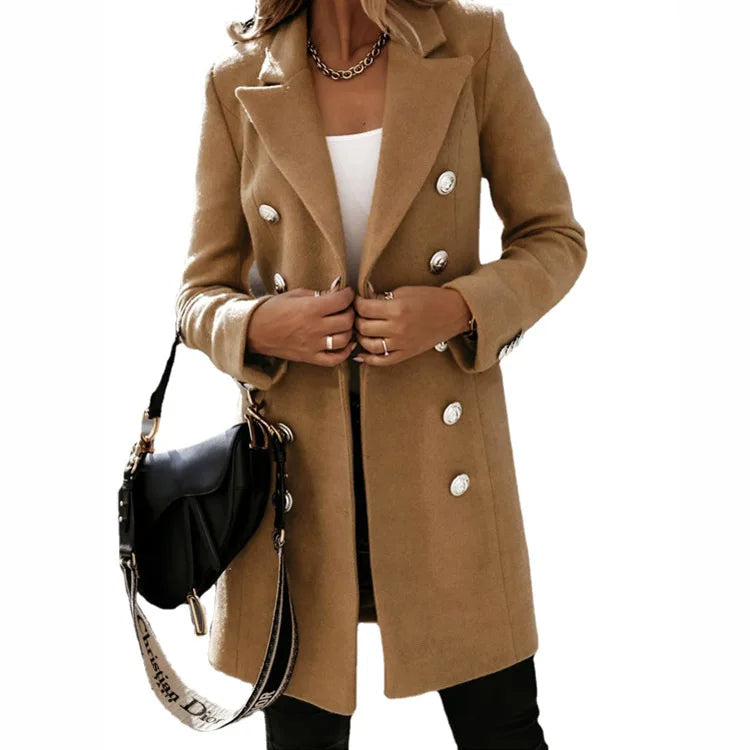 Women's Tailored Double-Breasted Long Coat with Classic Lapel Collar