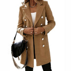 Women's Tailored Double-Breasted Long Coat with Classic Lapel Collar